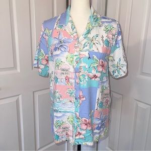 Alfred Dunner summer floral short sleeve collared button down top, size 12